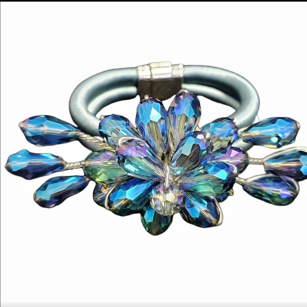 Aurora Borealis Crystal Iridescent Flower Handmade Bracelet in Baby Blue Pastel